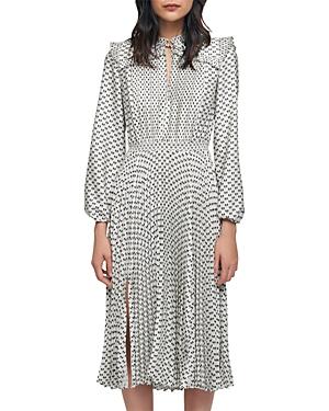 Maje Ripletta Bow Print Pleated Satin Midi Dress
