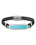 David Yurman Sterling Silver & Leather Exotic Stone Bar Station Bracelet With American Turquoise