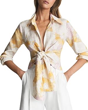 Reiss Corrine Printed Tie Waist Linen Shirt