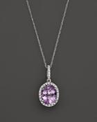 Amethyst And Diamond Halo Pendant Necklace In 14k White Gold, 16