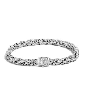 John Hardy Classic Chain Sterling Silver Extra Small Flat Twisted Chain Bracelet With Diamond Pave