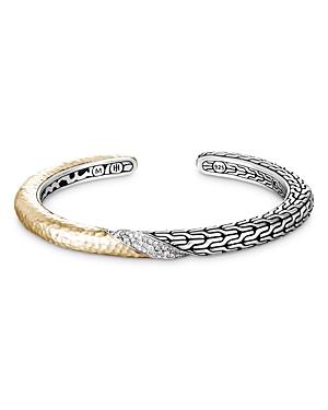 John Hardy 18k Yellow Gold & Sterling Silver Classic Chain Diamond Pave Hammered & Chain Slim Cuff Bracelet