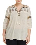 Lucky Brand Plus Lace-up Embroidered Top
