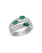 Hueb 18k White Gold Spectrum Emerald & Diamond Multirow Statement Ring