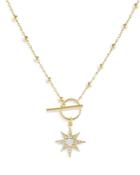 Adinas Jewels Cubic Zirconia Starburst Toggle Pendant Necklace In 14k Gold-plated Sterling Silver, 17.5