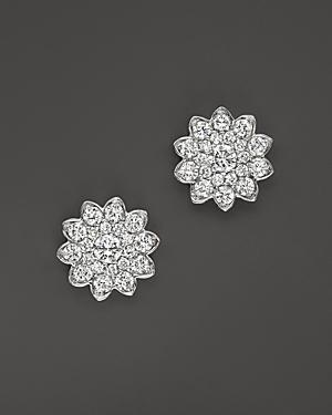 Diamond Cluster Flower Stud Earrings In 14k White Gold, 1.35 Ct. T.w.