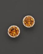 Citrine And Diamond Halo Stud Earrings In 14k Yellow Gold