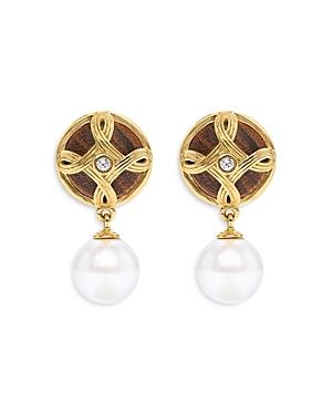 Capucine De Wolf Monique Pave Caged Teak & Simulated Pearl Drop Earrings In 18k Gold Plate