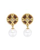 Capucine De Wolf Monique Pave Caged Teak & Simulated Pearl Drop Earrings In 18k Gold Plate