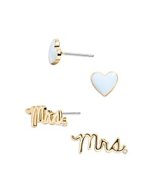 Baublebar Here Comes The Bride White Heart & Pave Mrs Stud Earrings In Gold Tone, Set Of 2