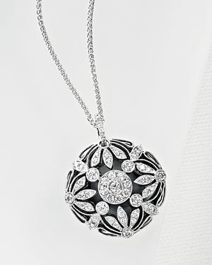 Floral Diamond/onyx Pendant Necklace In 14 Kt. White Gold