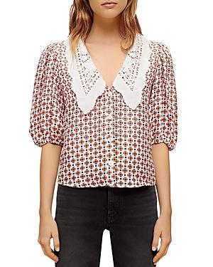 Maje Cosange Embroidered Collar Printed Linen Shirt