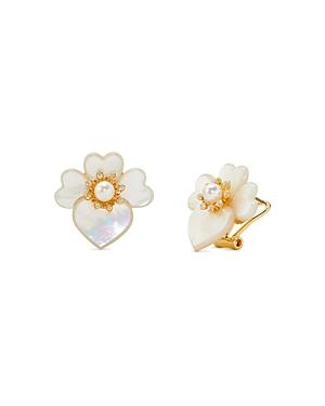 Kate Spade New York Precious Pansy Pave, Imitation Pearl & Mother Of Pearl Flower Button Earrings In Gold Tone