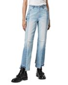 Allsaints Kim Two Tone Asymmetric Hem Jeans In Mid Indigo