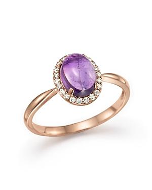 Amethyst Cabochon And Diamond Oval Ring In 14k Rose Gold