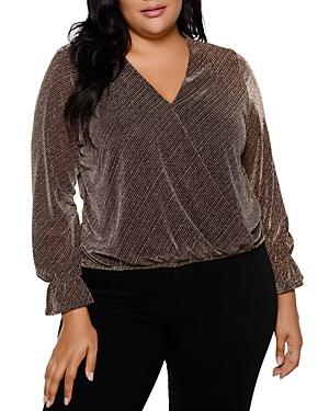 Belldini Plus Metallic Pinstriped Wrap Front Top