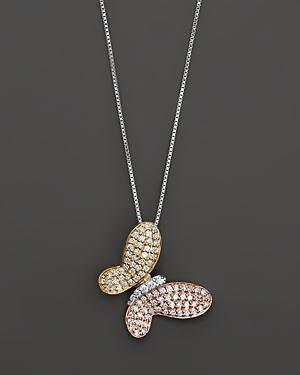 Diamond Pave Butterfly Pendant In 14 Kt. White, Yellow And Rose Gold, 0.40 Ct. T.w.