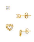 Aqua Cubic Zirconia Heart & Solitaire Stud Earrings In 18k Gold-plated Sterling Silver, Set Of 2 - 100% Exclusive
