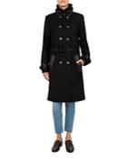 The Kooples Leather-trimmed Belted Double Breasted Coat