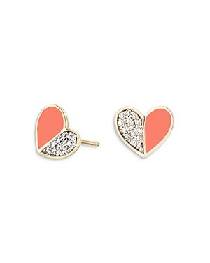 Adina Reyter 14k Yellow Gold Diamond & Coral Ceramic Heart Stud Earrings