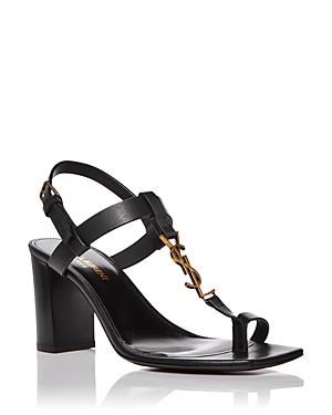Saint Laurent Women's Cassandra Square Toe Logo Leather Block Heel Sandals