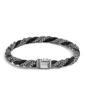 John Hardy Classic Chain Sterling Silver Twisted Chain Bracelet With Black Leather Cord
