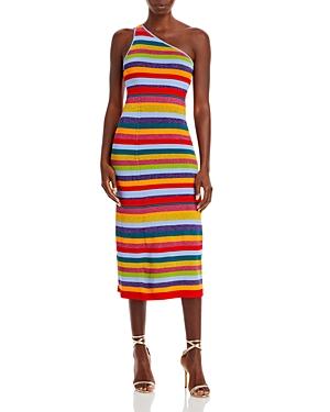 Milly Multi Stripe One Shoulder Knit Midi Dress