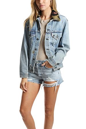 R13 Refurbished Leopard Collar Trucker Jacket
