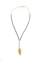 Chan Luu Denim Crystal Necklace With Gold Leaf Charm