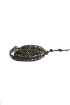 Chan Luu Black Chrome Bead On Gunmetal Leather Wrap Bracelet