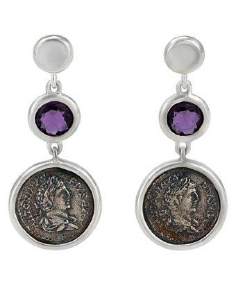 1884 Jewelry 1884 - Legacy Vivace Sterling Silver Earrings W/ 1 Medium Pius Coin And Amethyst Stone, 3.10 Cts