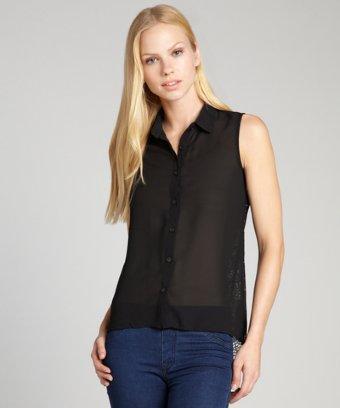 Rd Style Black Sheer Cutout Lace Back Sleeveless Button-front Blouse