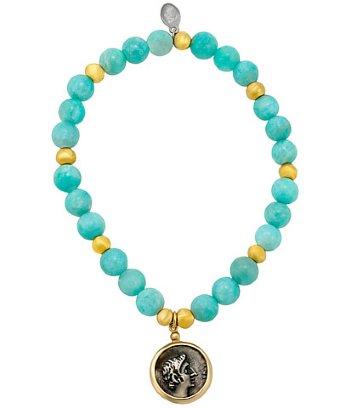 1884 Jewelry 1884 - Amelia 18k Yellow Gold And 6mm Amazonite Bead Bracelet W/ 1 Small Ottaviano Coin