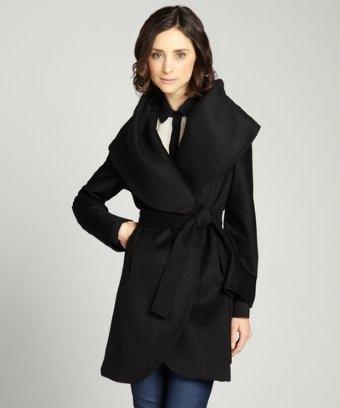 T Tahari Black Wool Blend 'marla' Wide Shawl Belted Coat