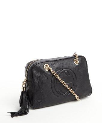 Gucci Black Leather Logo Embroidered Chain Strap Shoulder Bag