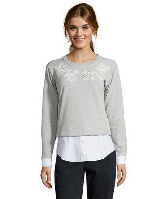 Marchesa Voyage Heather Grey And White Embroidered Long Sleeve Poplin Inset Sweatshirt