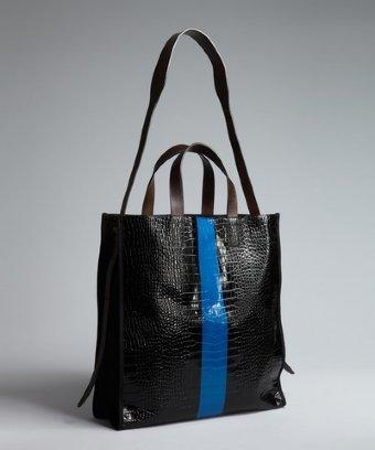 Dries Van Noten Black And Blue Croc Embossed Patant Leather Tote Bag
