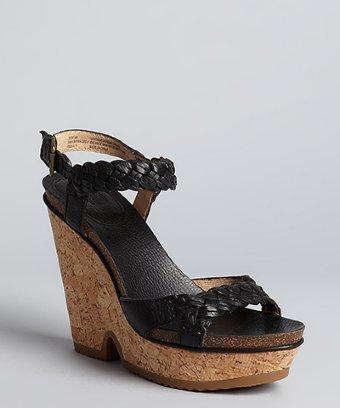Frye black leather braided strap 'Braylin' cork wedge sandals