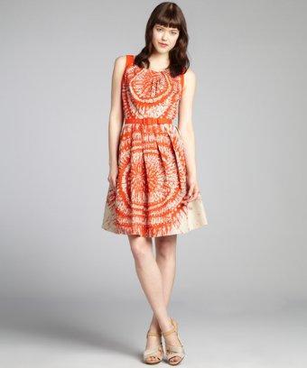 Eva Franco Orange And Khaki Printed Cotton-linen Belted 'sylvie' Dress