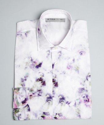 Etro White And Purple Floral Print Cotton Dress Shirt