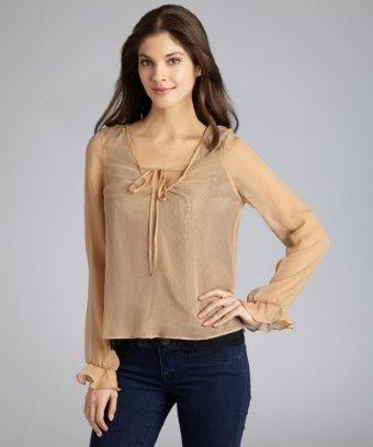 Isabel Lu Nude Silk Chiffon Lace Lined Long Sleeve Tie Blouse