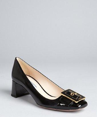 Prada Black Patent Leather Logo Buckle Square Toe Pumps