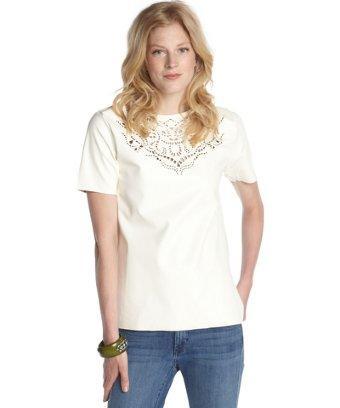 Cliche Off White Laser Cut Faux Leather And Chiffon Top