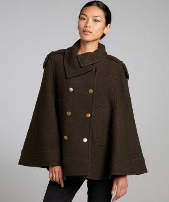 Andrew Marc Army Green Wool Bouclã© Double Breasted Cape
