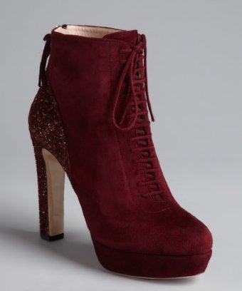 Miu Miu Burgundy Suede Glittered Heel Lace-up Ankle Boots