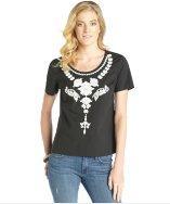 Marchesa Voyage Black Beaded Cotton Poplin Short Sleeve Blouse