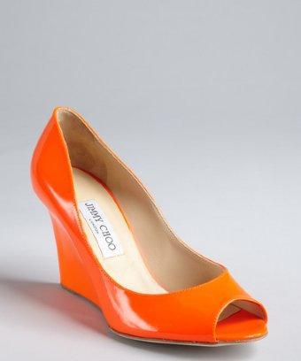 Jimmy Choo Neon Orange Patent Leather 'baxen' Peep Toe Wedges