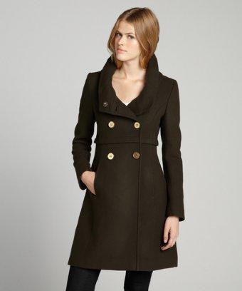 Elie Tahari Olive Wool Blended Double Breasted 'alessia' Shawl Collar Coat