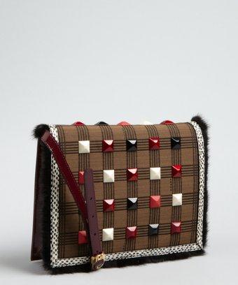 Fendi Burgundy Patent Leather 'daisy' Studded Mink Detail Shoulder Bag