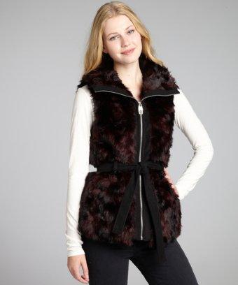 Miss Sixty Wine Faux Fur Zip Front Belted Vest